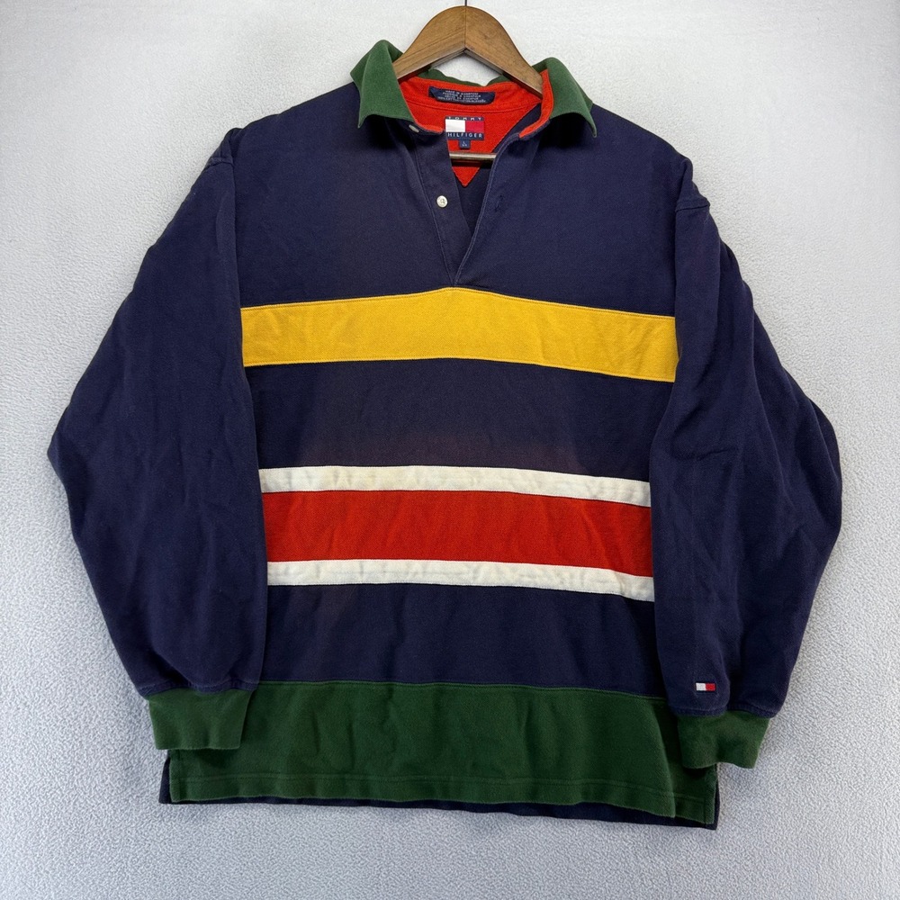 Tommy Hilfiger Rugby Shirt Mens L Blue Colorblock Vintage 90s Colorblock Polo